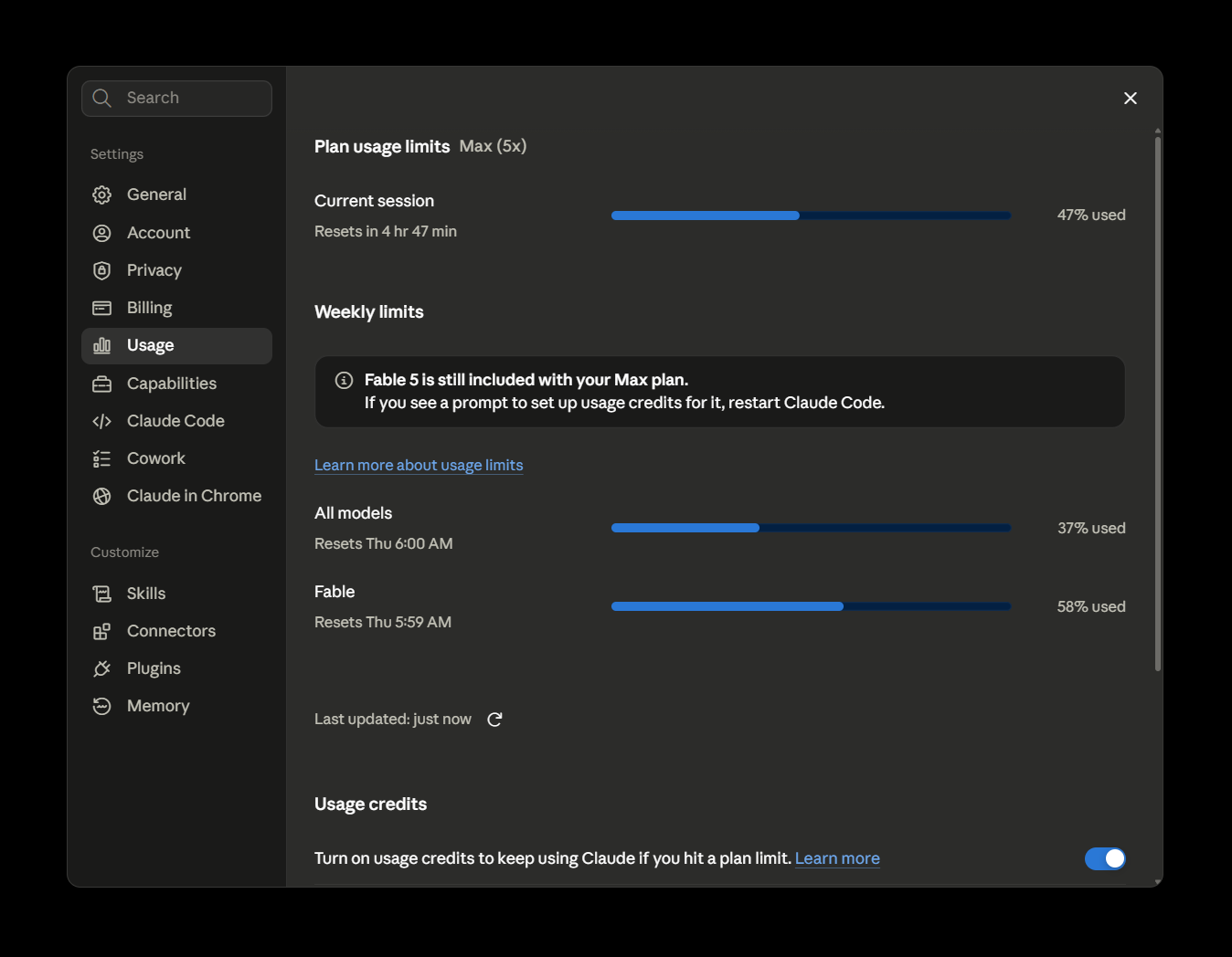 The Usage screen in Claude settings on a Max plan, showing a current session bar and two weekly bars for all models and for Fable, dark mode