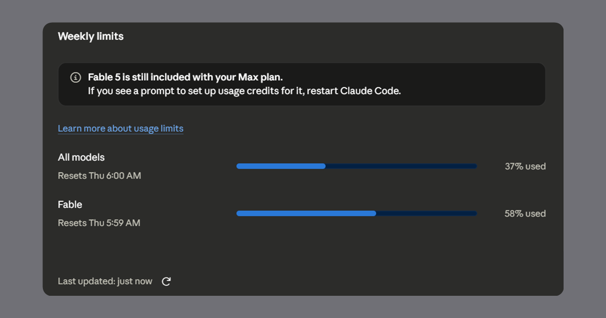 The Weekly limits section of Claude's Usage settings on a Max plan, with an all-models bar at 37 percent used and a separate Fable bar at 58 percent, each showing its own Thursday reset time