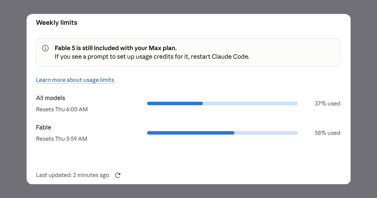 The Weekly limits section of Claude's Usage settings on a Max plan, with an all-models bar at 37 percent used and a separate Fable bar at 58 percent, each showing its own Thursday reset time