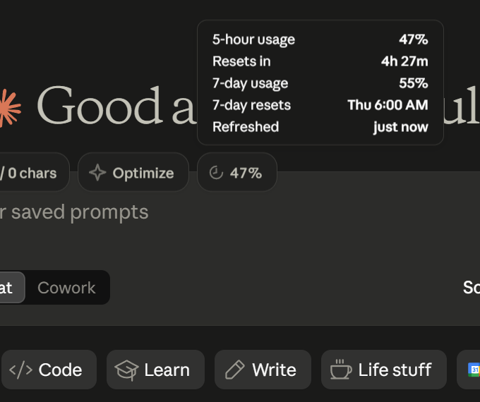 The same pill clicked open, listing five-hour usage, the reset countdown, seven-day usage, the seven-day reset day and time, and when the figures were last refreshed, dark mode