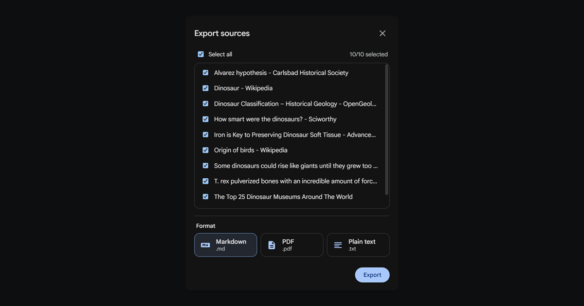 The Export sources dialog: a Select all checkbox reading 10 of 10 selected, a scrollable checklist of source titles, and a Format row offering Markdown, PDF and Plain text with Markdown chosen