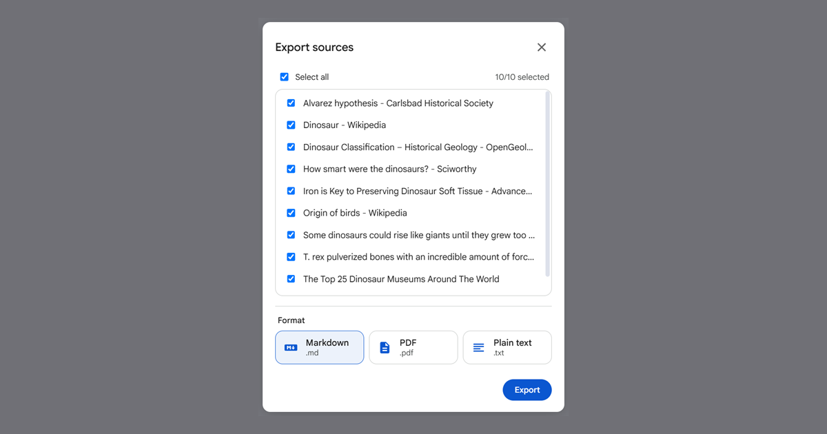 The Export sources dialog: a Select all checkbox reading 10 of 10 selected, a scrollable checklist of source titles, and a Format row offering Markdown, PDF and Plain text with Markdown chosen