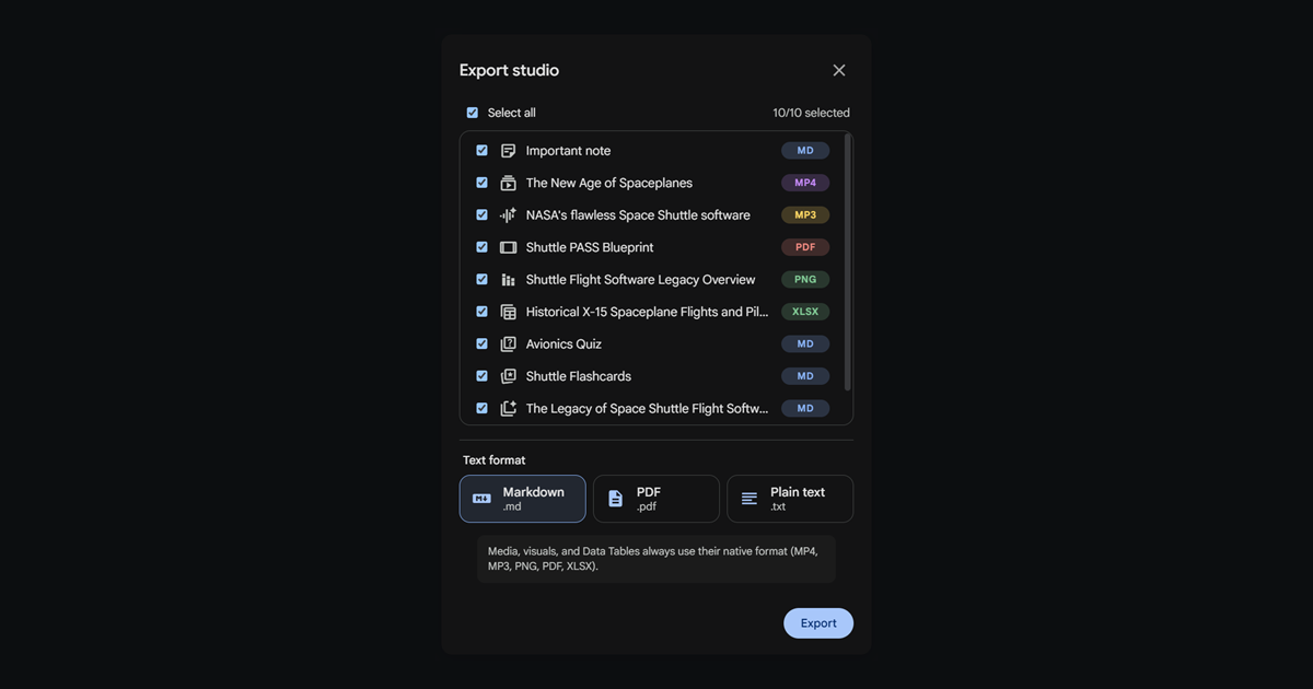 The Export studio dialog: a checklist of ten Studio artifacts, each with a format badge reading MD, MP4, MP3, PDF, PNG or XLSX, above a Text format row offering Markdown, PDF and Plain text