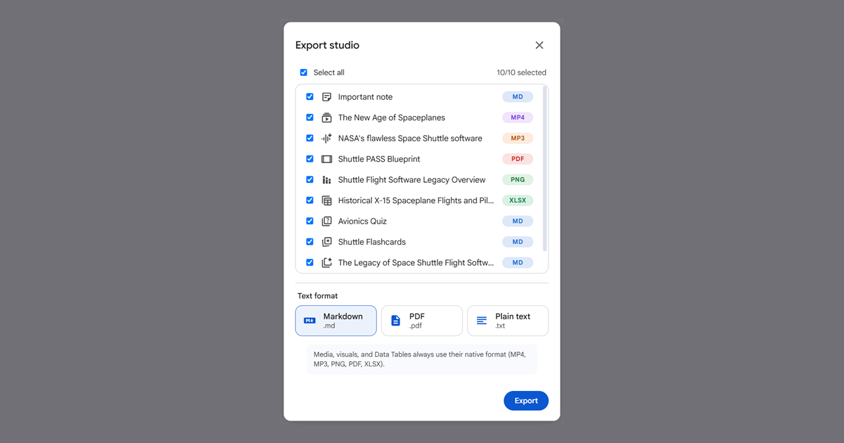 The Export studio dialog: a checklist of ten Studio artifacts, each with a format badge reading MD, MP4, MP3, PDF, PNG or XLSX, above a Text format row offering Markdown, PDF and Plain text