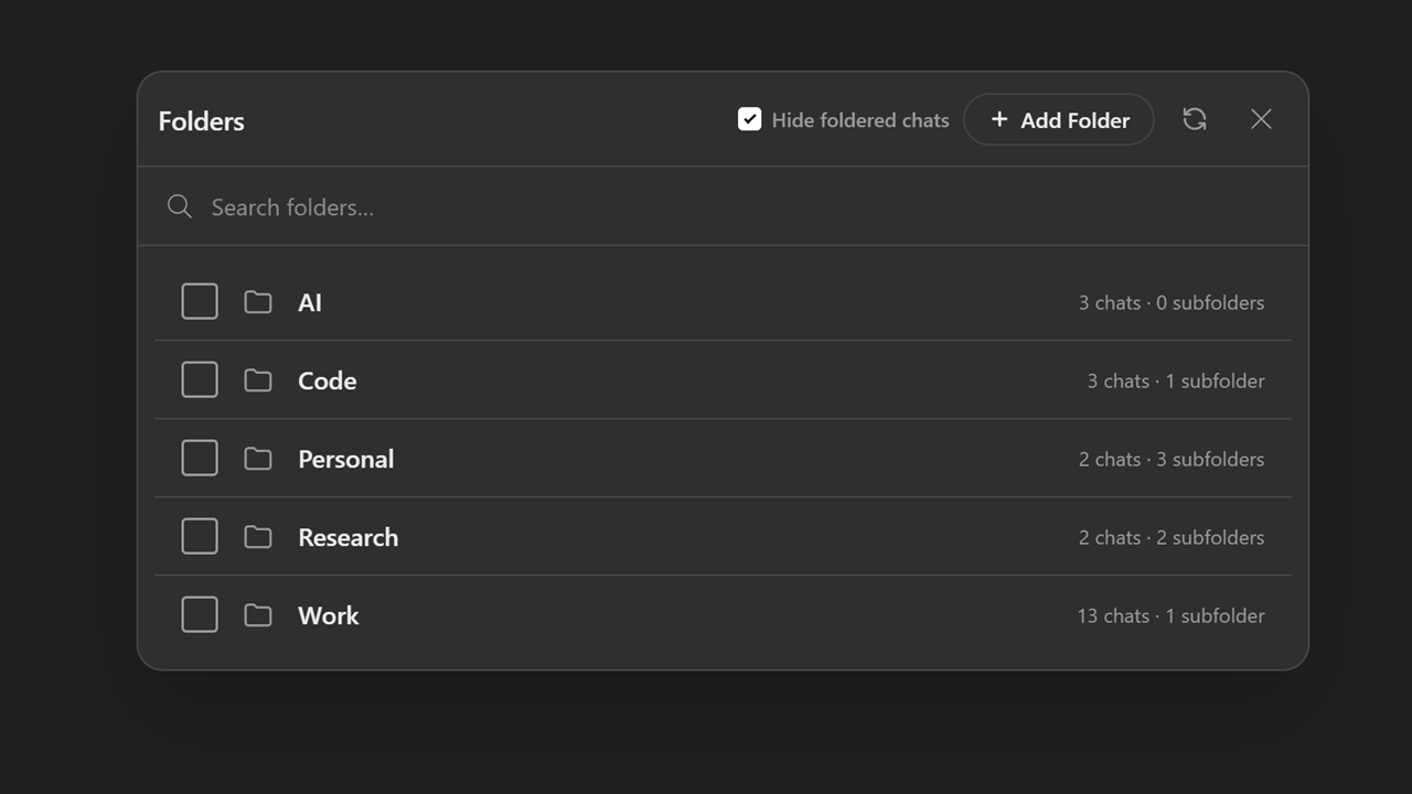 Superpower for ChatGPT organizing chats into folders and subfolders, dark mode