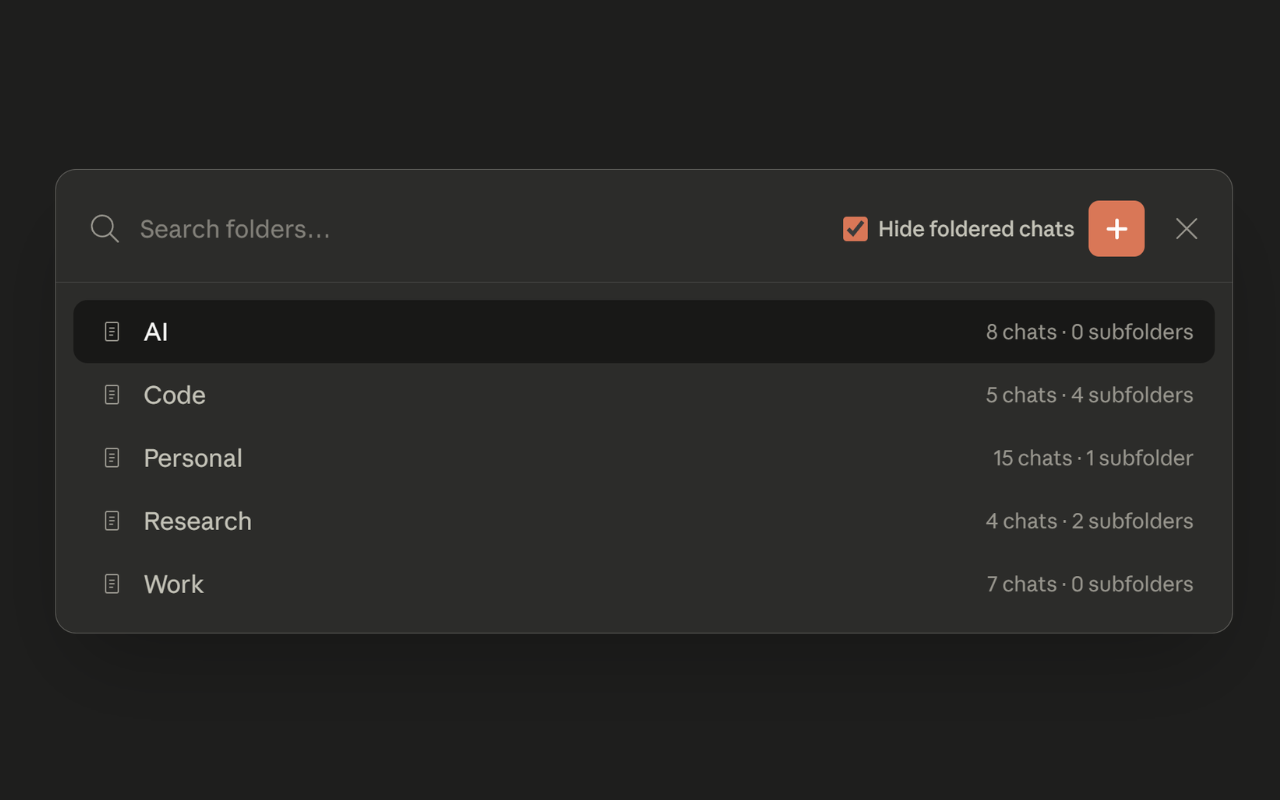 Superpower for Claude organizing chats into folders and subfolders, dark mode