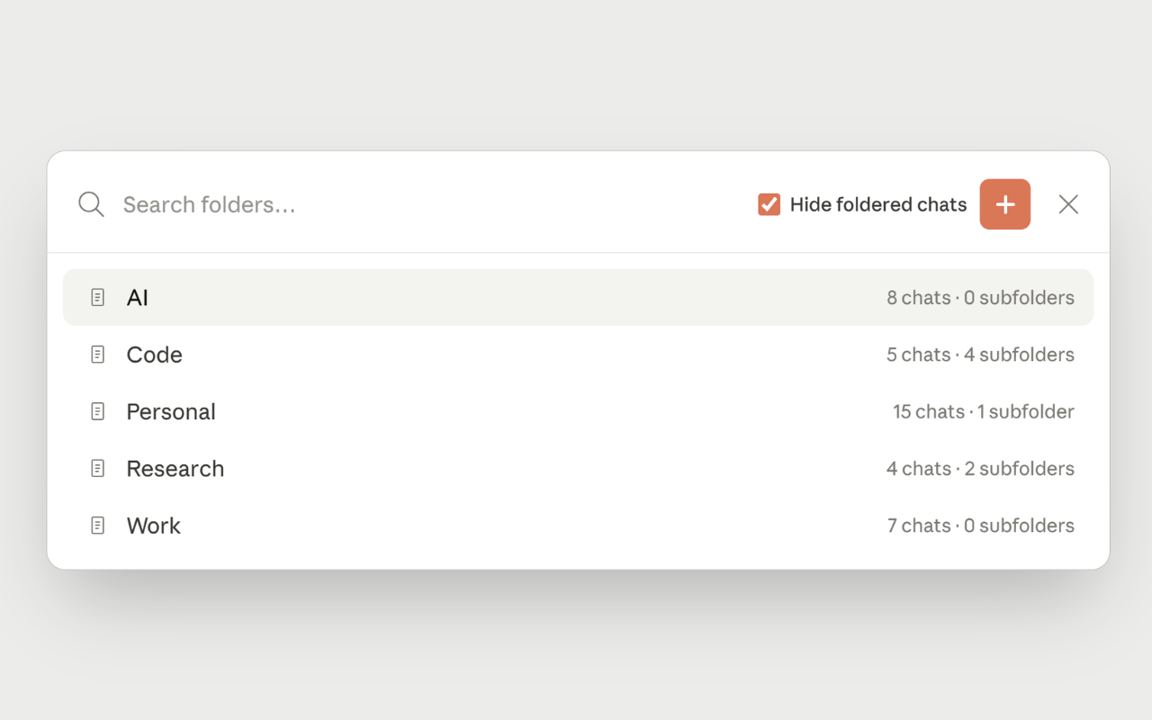 Superpower for Claude organizing chats into folders and subfolders, light mode