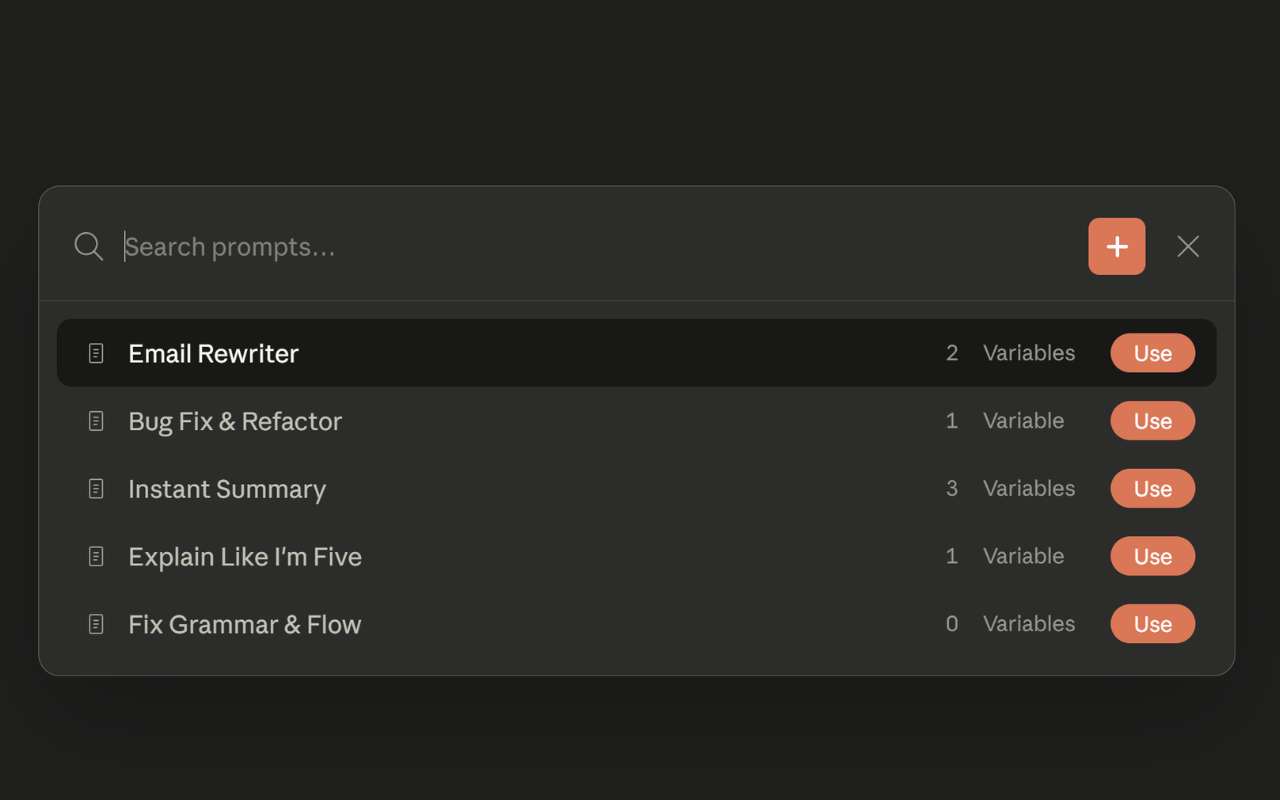 Superpower for Claude prompt library with saved prompts and variables, dark mode