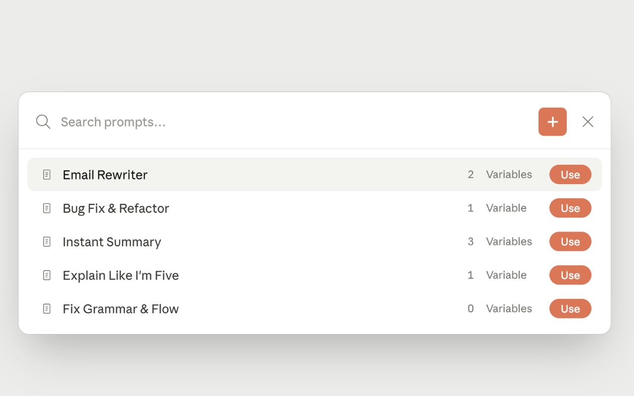 Superpower for Claude prompt library with saved prompts and variables, light mode