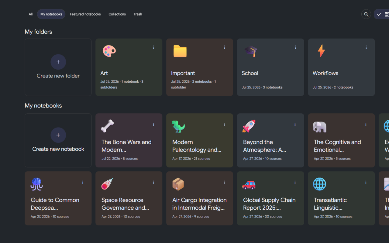 Superpower for NotebookLM organizing notebooks into folders, dark mode