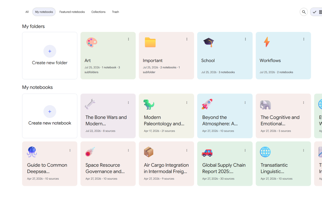 Superpower for NotebookLM organizing notebooks into folders, light mode