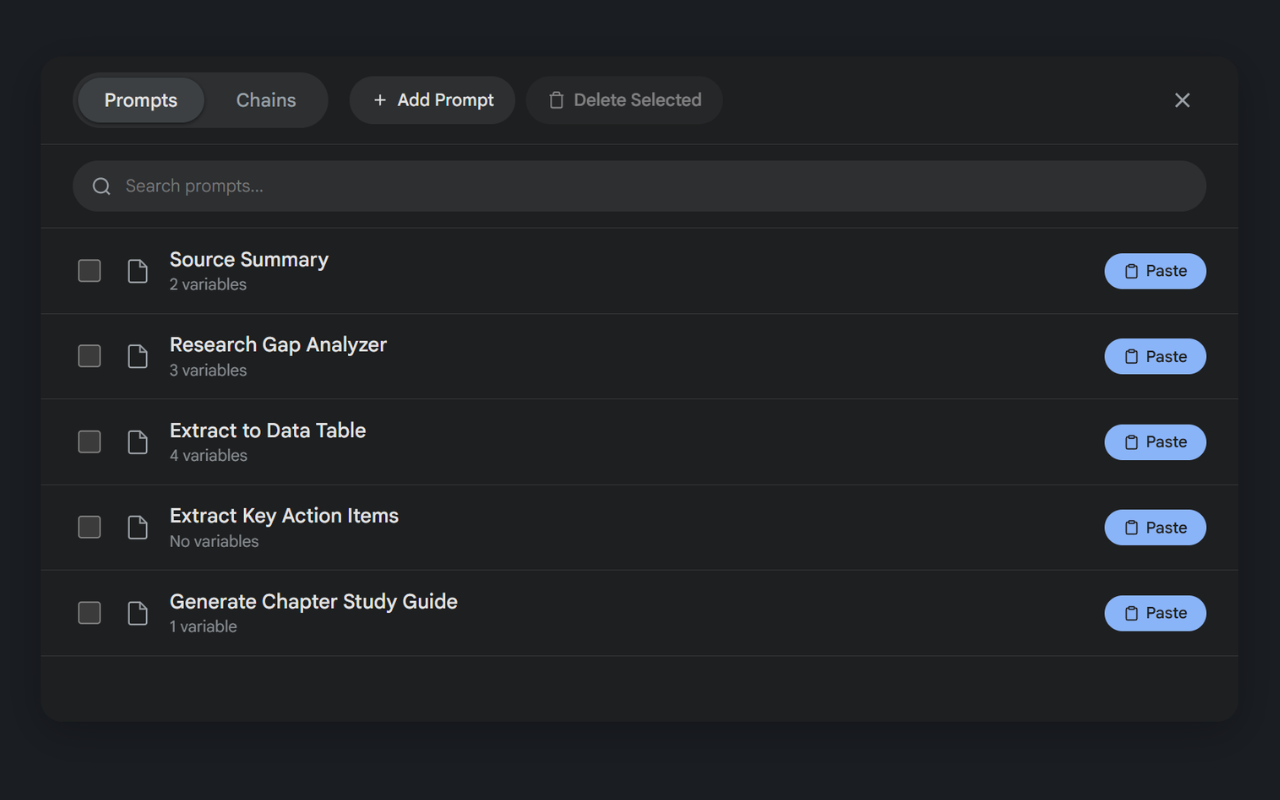 Superpower for NotebookLM prompt library with saved prompts and chains, dark mode