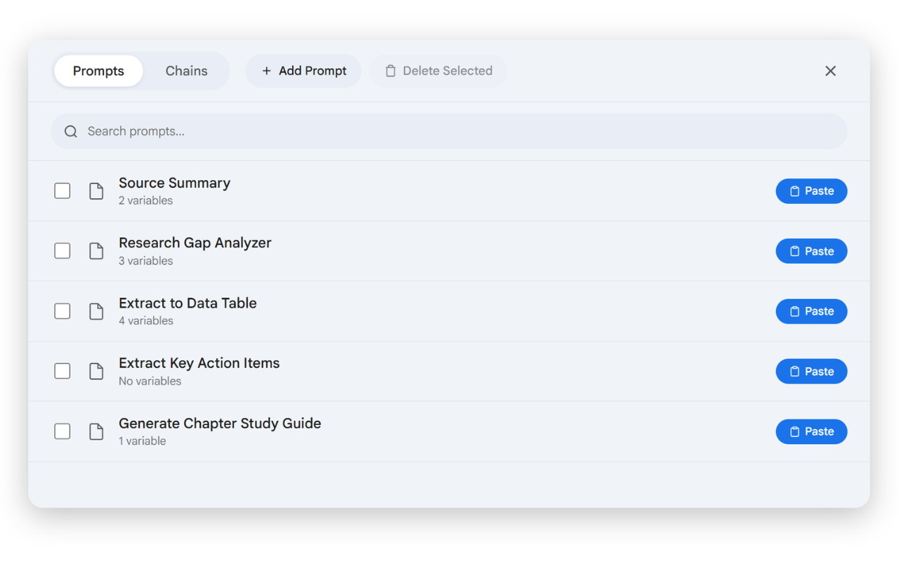 Superpower for NotebookLM prompt library with saved prompts and chains, light mode