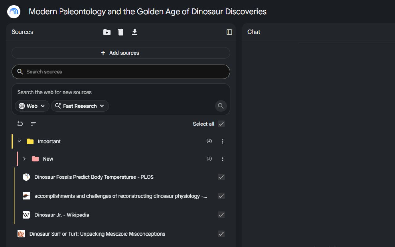Superpower for NotebookLM grouping sources into folders inside a notebook, dark mode