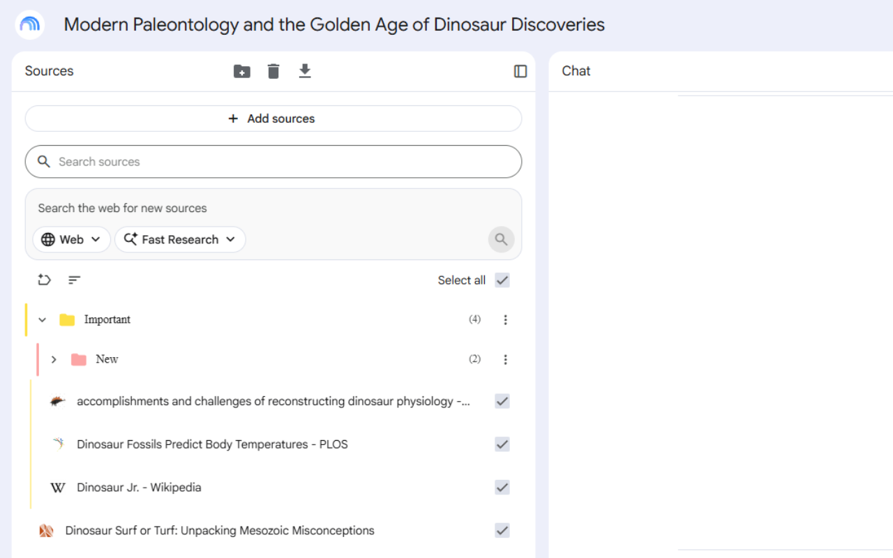 Superpower for NotebookLM grouping sources into folders inside a notebook, light mode